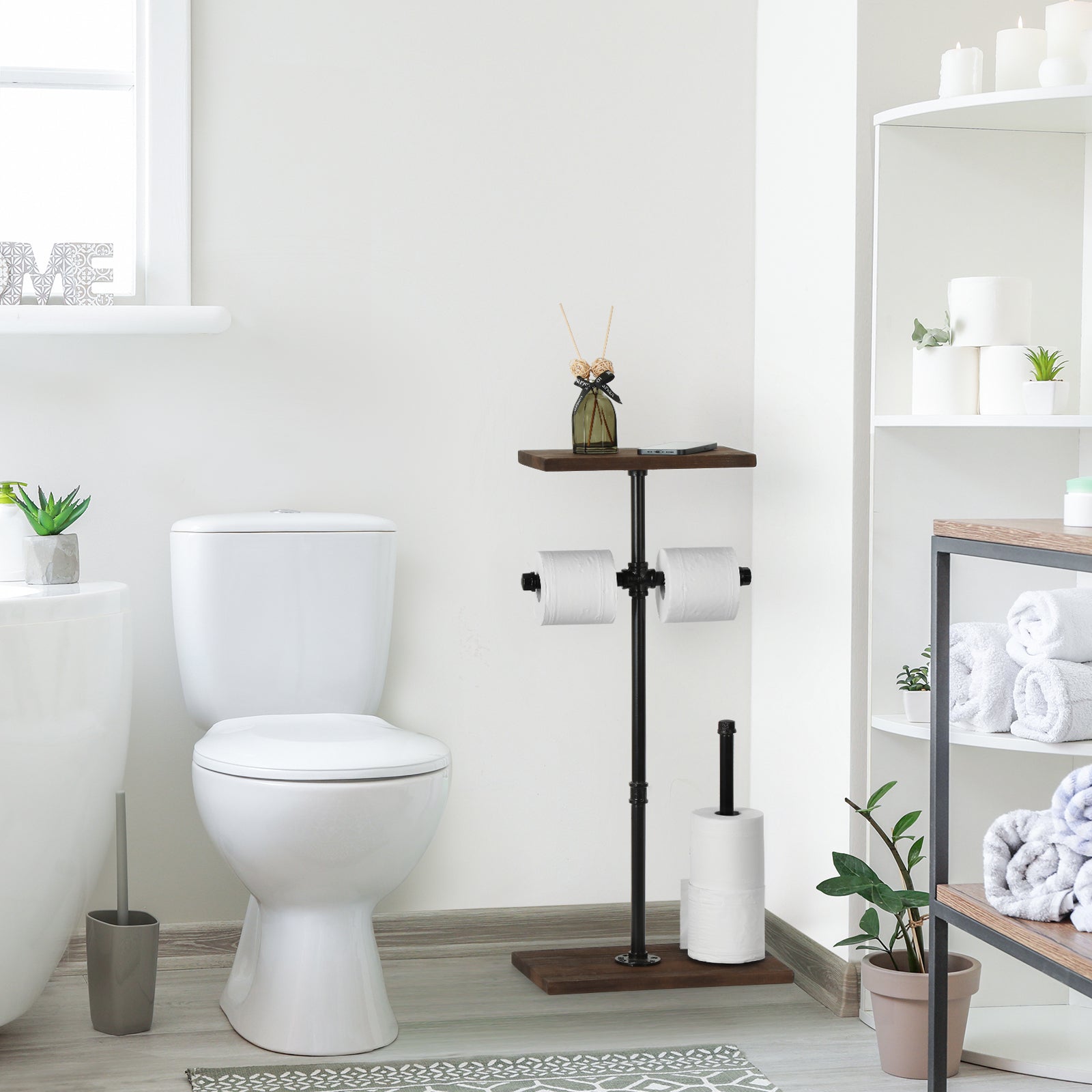 Freestanding Industrial Pipe Toilet Paper Holder with Wood Shelf, Double Roll Dispenser and Reserve Storage for Farmhouse Washroom,
