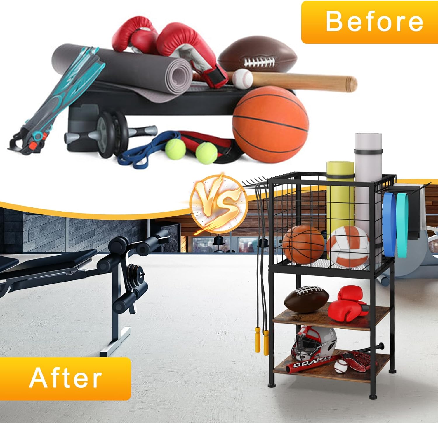 Home Gym Storage Rack - 3-Tier Wooden Dumbbell Rack, Yoga Mat Holder w/ Wheels & Hooks, Black