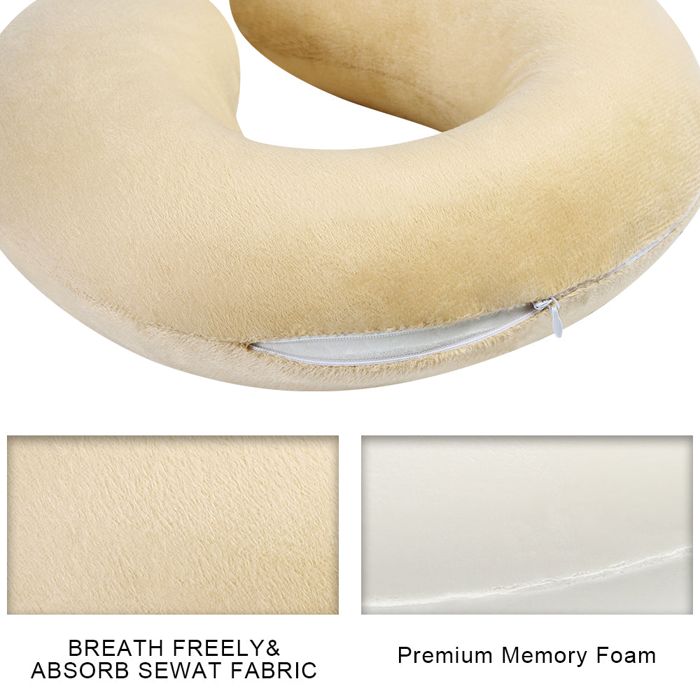 Beige Memory Foam Travel Neck Pillow - Soft U-Shaped Support Pillow for Airplane & Car
