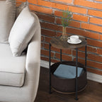 Rustic Brown 2-Tier Circular Bedside Table - Industrial Wood Nightstand with Metal Frame and Integrated Fabric Storage Bin for Home or Coffee Shop Use