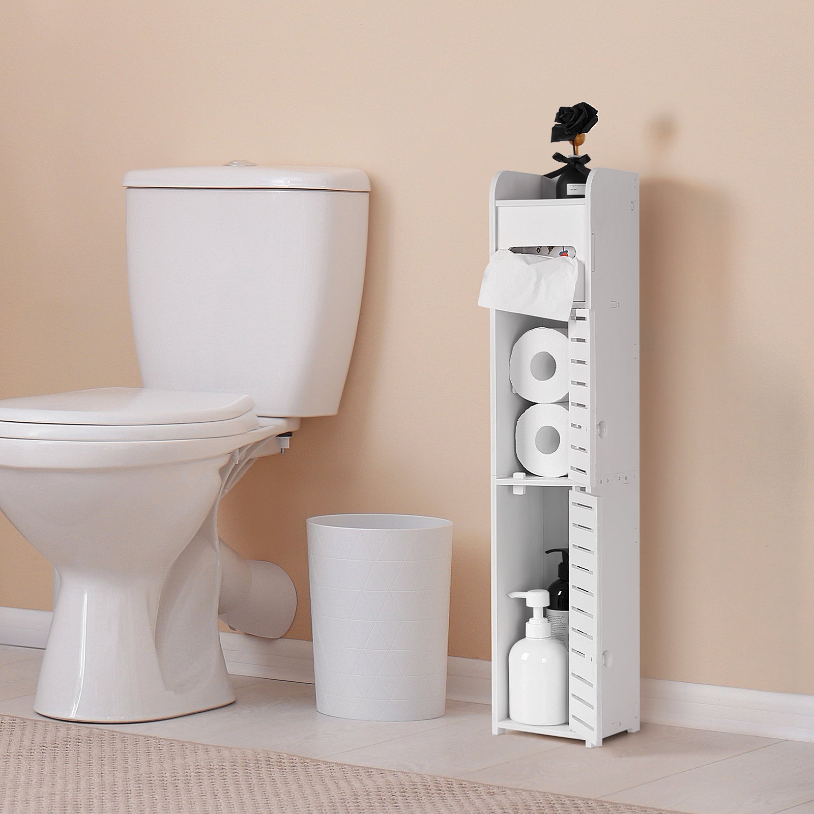 4-Tier Freestanding Bathroom Storage Tower for Toilet Tissue Rolls, White Slim Cabinet Organiser
