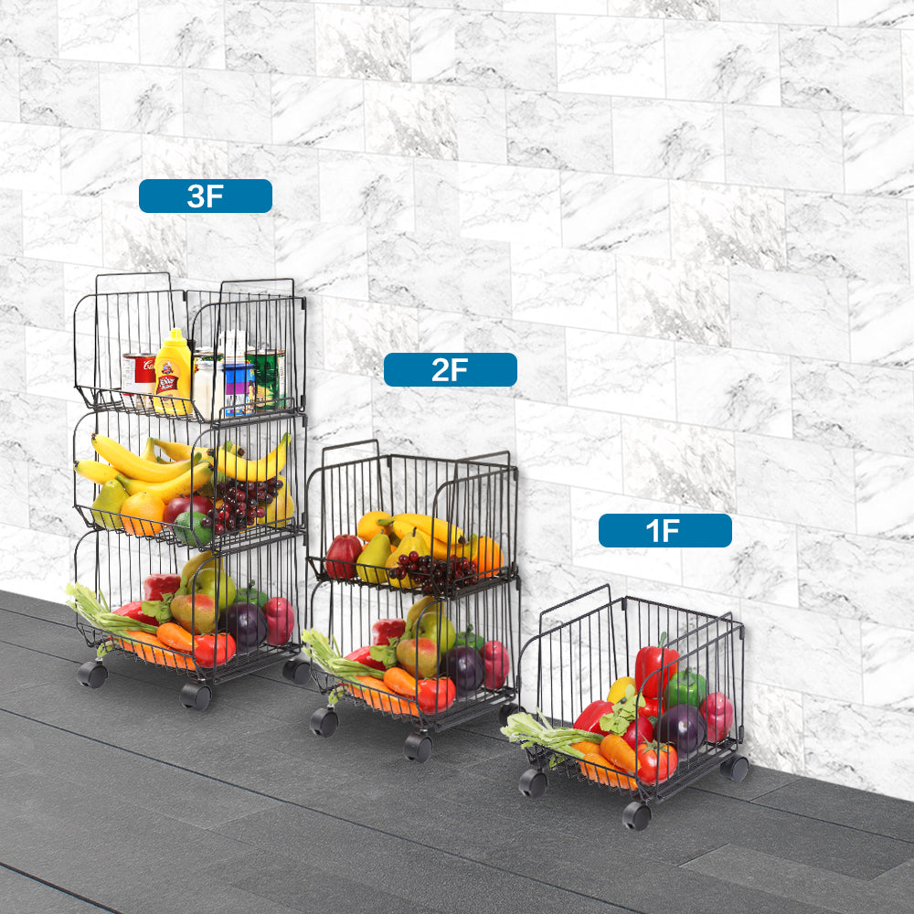 3-Tier Rolling Pantry Floor Organizer Storage Basket, Stackable 3 Tier Metal Wire Basket with Wheels, Kitchen Storage Bin Organizer, Utility Cart Rack for Pantry Coutertop Bedroom Bathroom