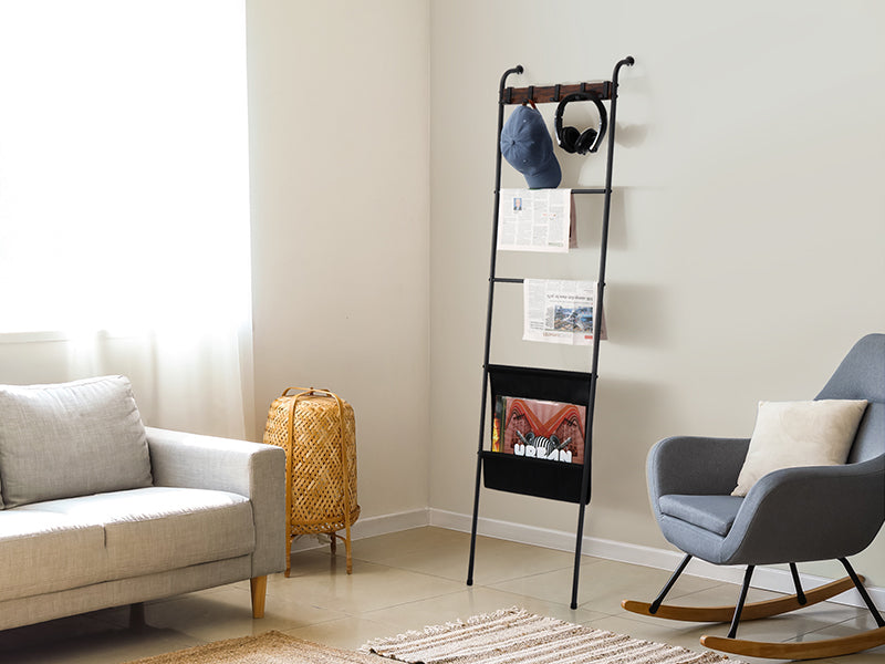 5 Tier Blanket Ladder Holder Farmhouse Decorative, Towel Rack Stand With 5 Removable Hooks And Pocket, Farmhouse Decorative Towel Drying Storage Rack For Living Room Bathroom Laundry Room