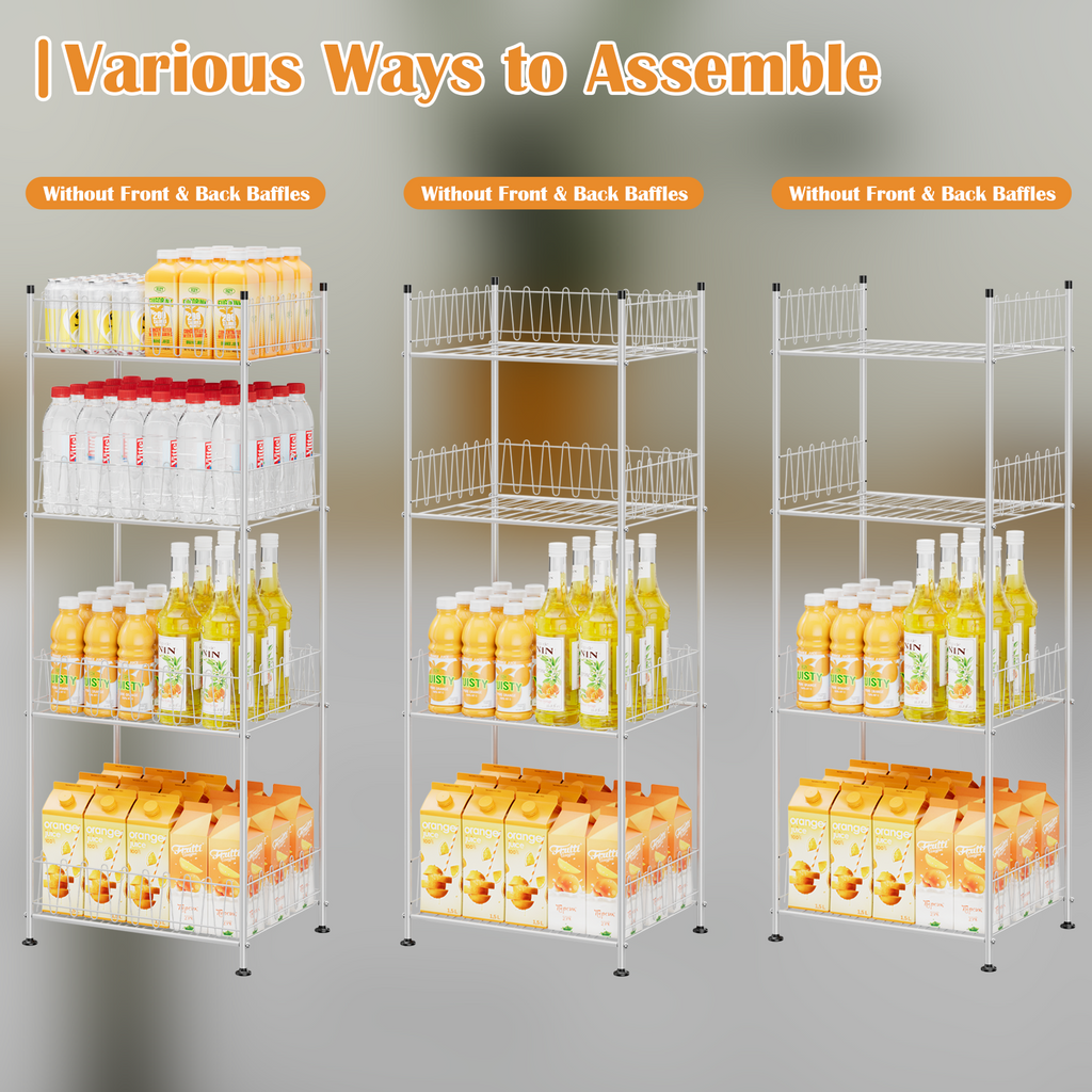 4-Tier Water Bottle Holder & Drink Can Shelf Organizer - Freestanding Vertical Storage, Silver