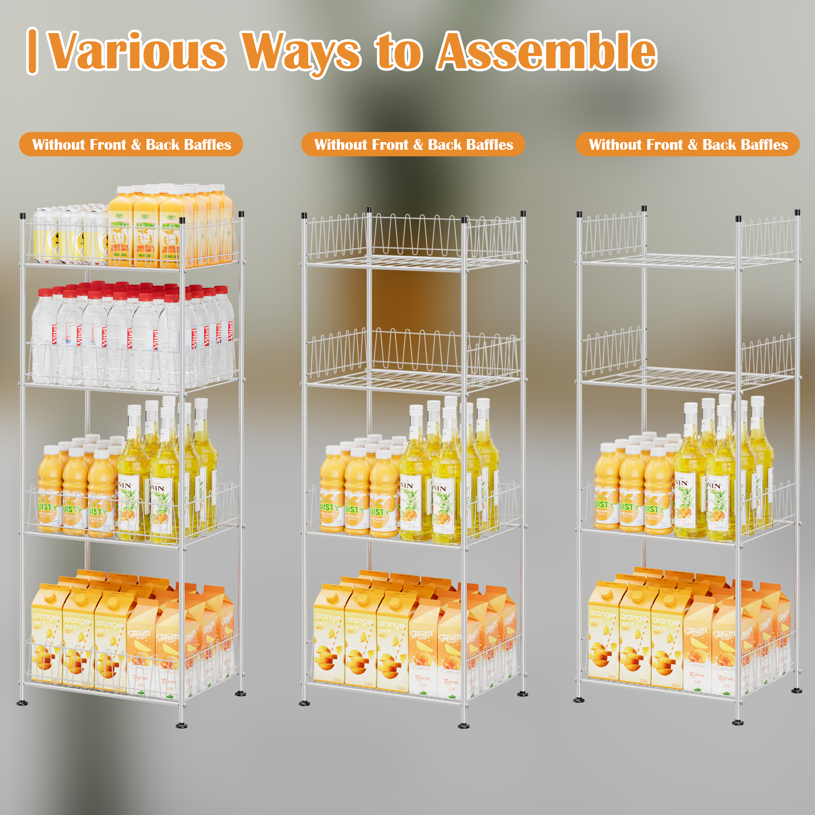 4-Tier Water Bottle Holder & Drink Can Shelf Organizer - Freestanding Vertical Storage, Silver