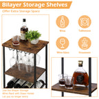 Industrial Floor Wine Bar - 8-Bottle Storage Rack and Stemware Holder in Rustic Brown for Home Kitchen and Dining Areas
