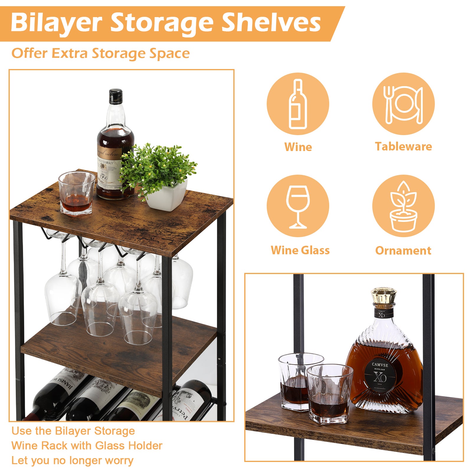 Industrial Floor Wine Bar - 8-Bottle Storage Rack and Stemware Holder in Rustic Brown for Home Kitchen and Dining Areas