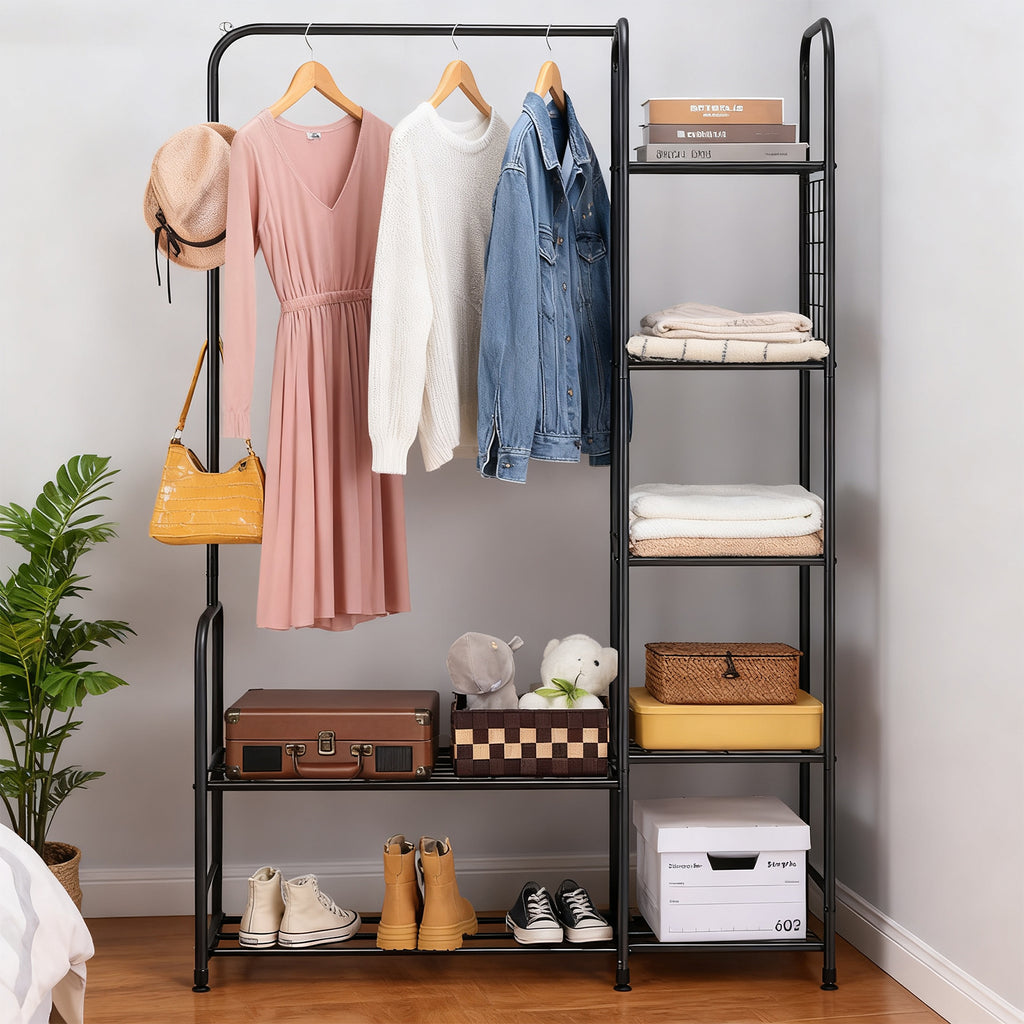 Black Coat Rack Freestanding Clothing Rack with 5-Tier Shelves & Shoe Storage, Heavy-Duty Garment Rack,