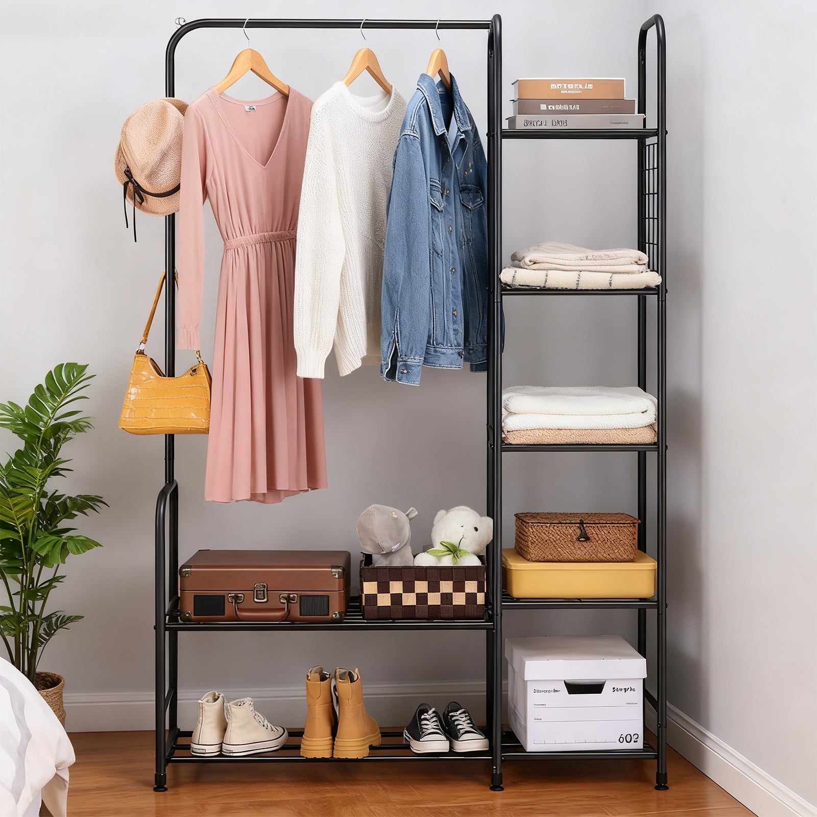 Black Coat Rack Freestanding Clothing Rack with 5-Tier Shelves & Shoe Storage, Heavy-Duty Garment Rack,