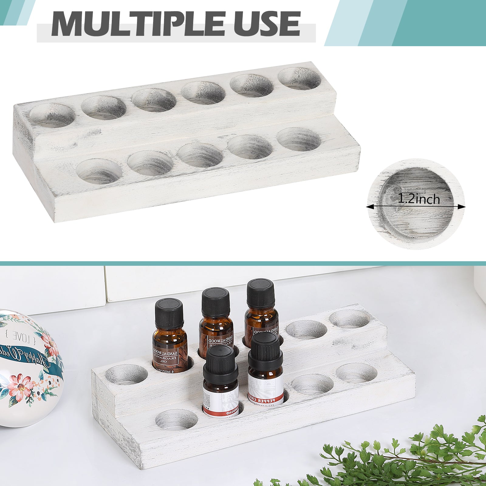 Set of 2 Essential Oil Storage Racks, 2-Tier White-Wash Wooden Display Holders for 5/10/15/20ml Bottles, Nail Polish Organizer
