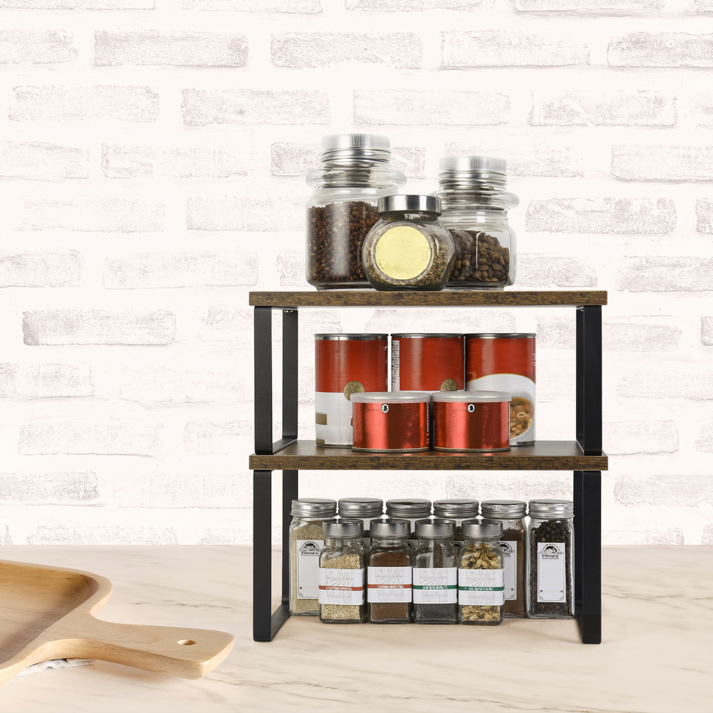 Two tiered storage desk. Seasoning display stand. Essential oil display stand. Stackable storage rack. Install 4 storage cabinets. Expandable counter rack. Suitable for kitchens and bathrooms.