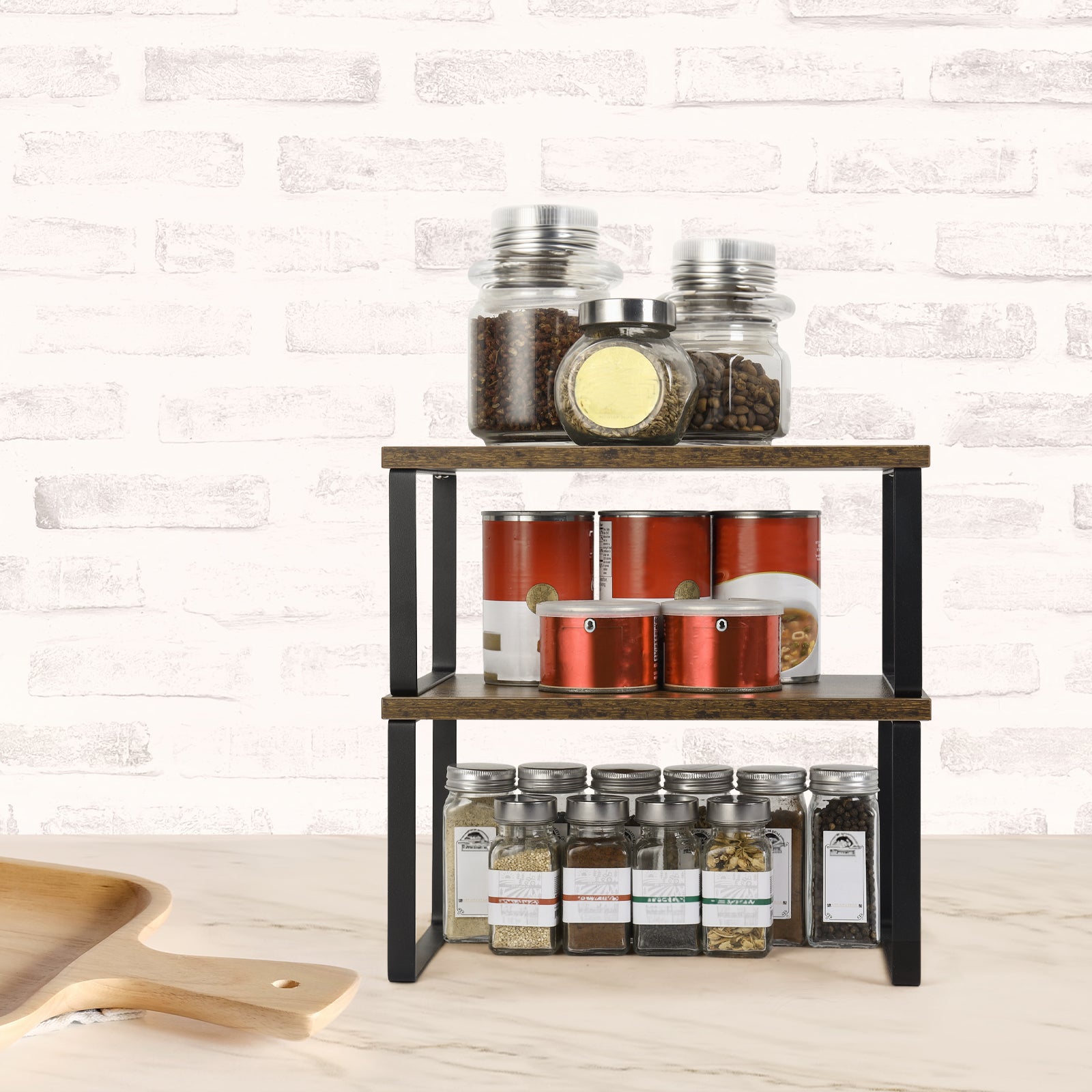 Two tiered storage desk. Seasoning display stand. Essential oil display stand. Stackable storage rack. Install 4 storage cabinets. Expandable counter rack. Suitable for kitchens and bathrooms.