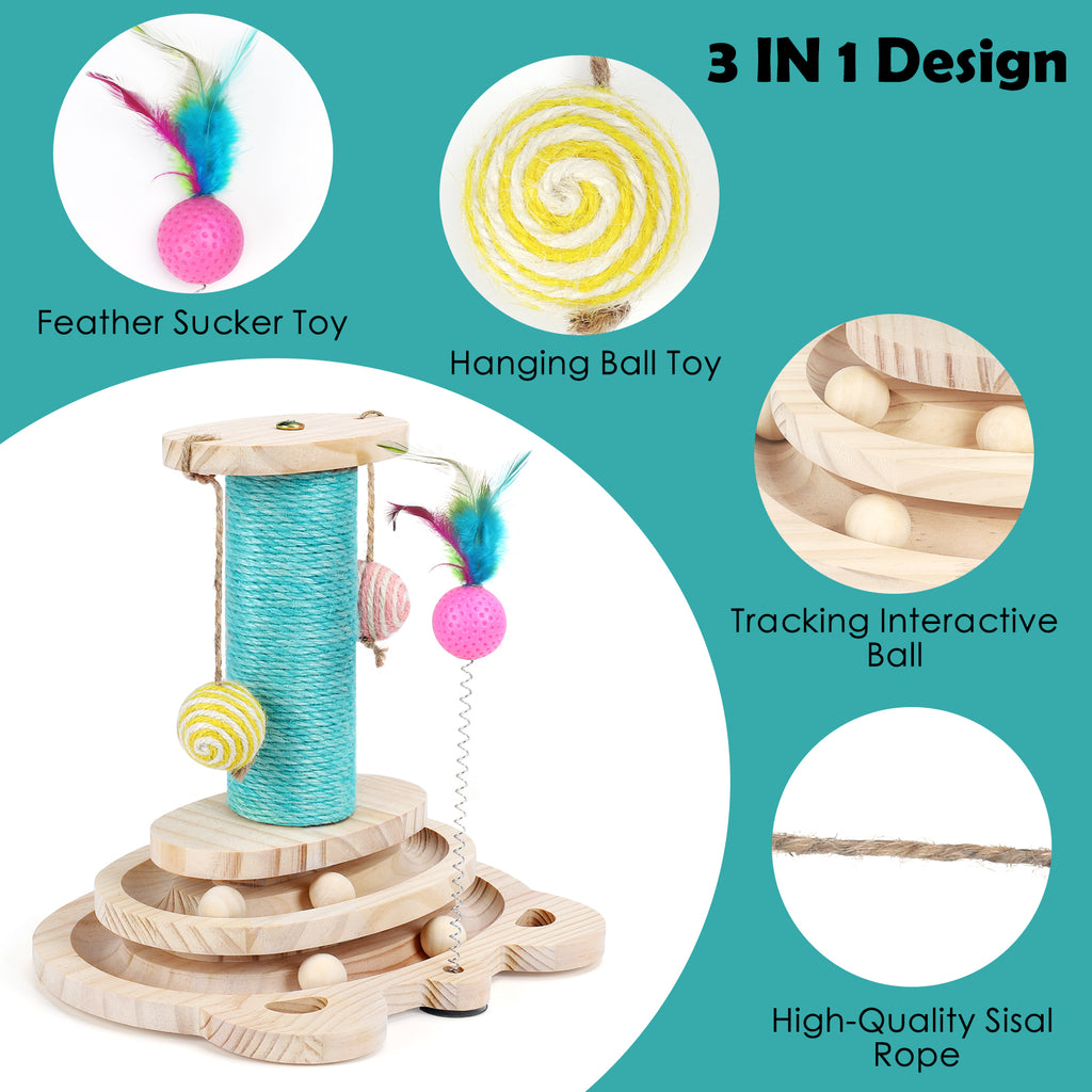 Wooden Cat Scratching Post with 2-Tier Ball Track - Interactive Kitten Turntable Toy