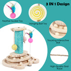 Wooden Cat Scratching Post with 2-Tier Ball Track - Interactive Kitten Turntable Toy