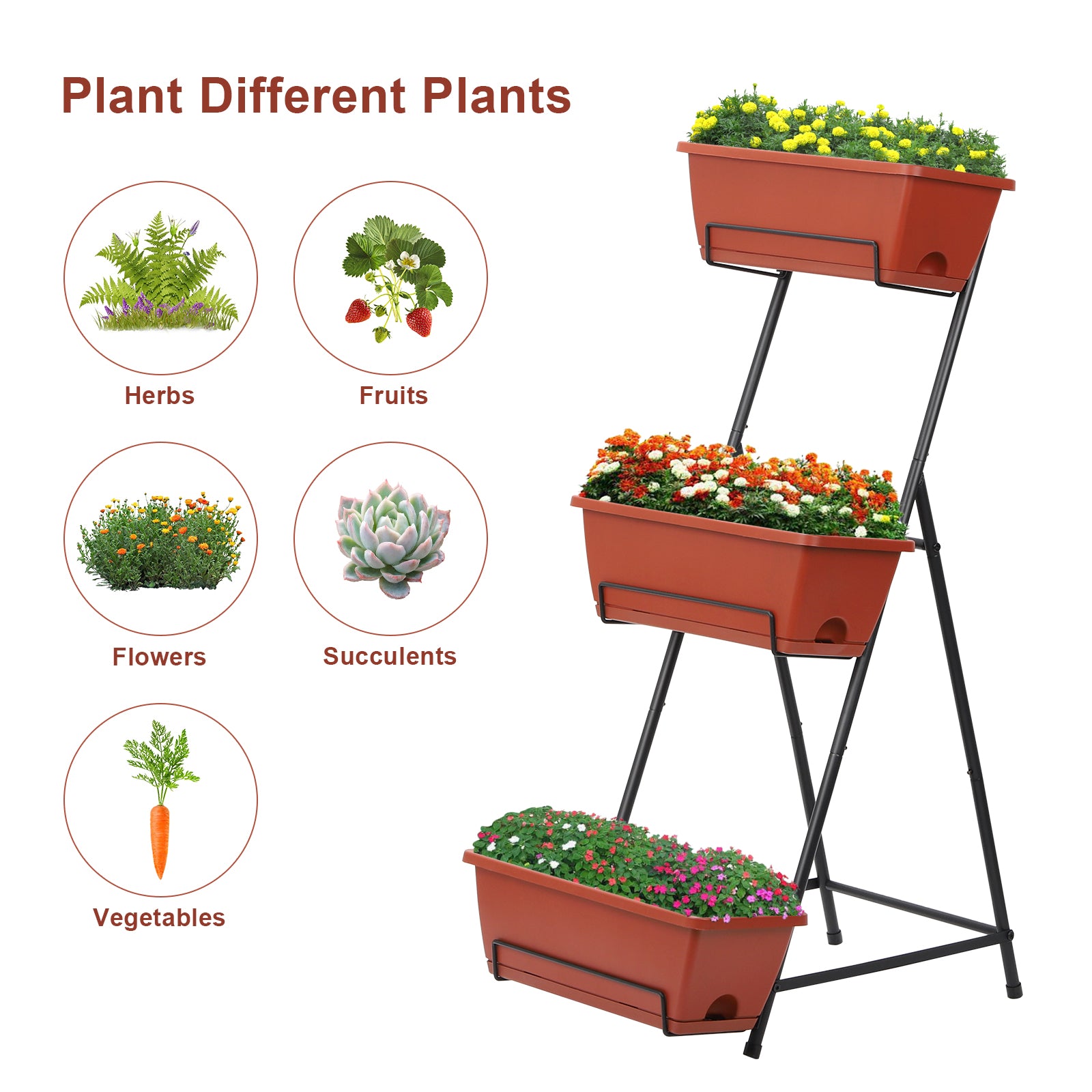 3-Tier Vertical Raised Garden Bed - Freestanding Planter Box Set for Vegetables, Herbs, and Flowers, Brick Red