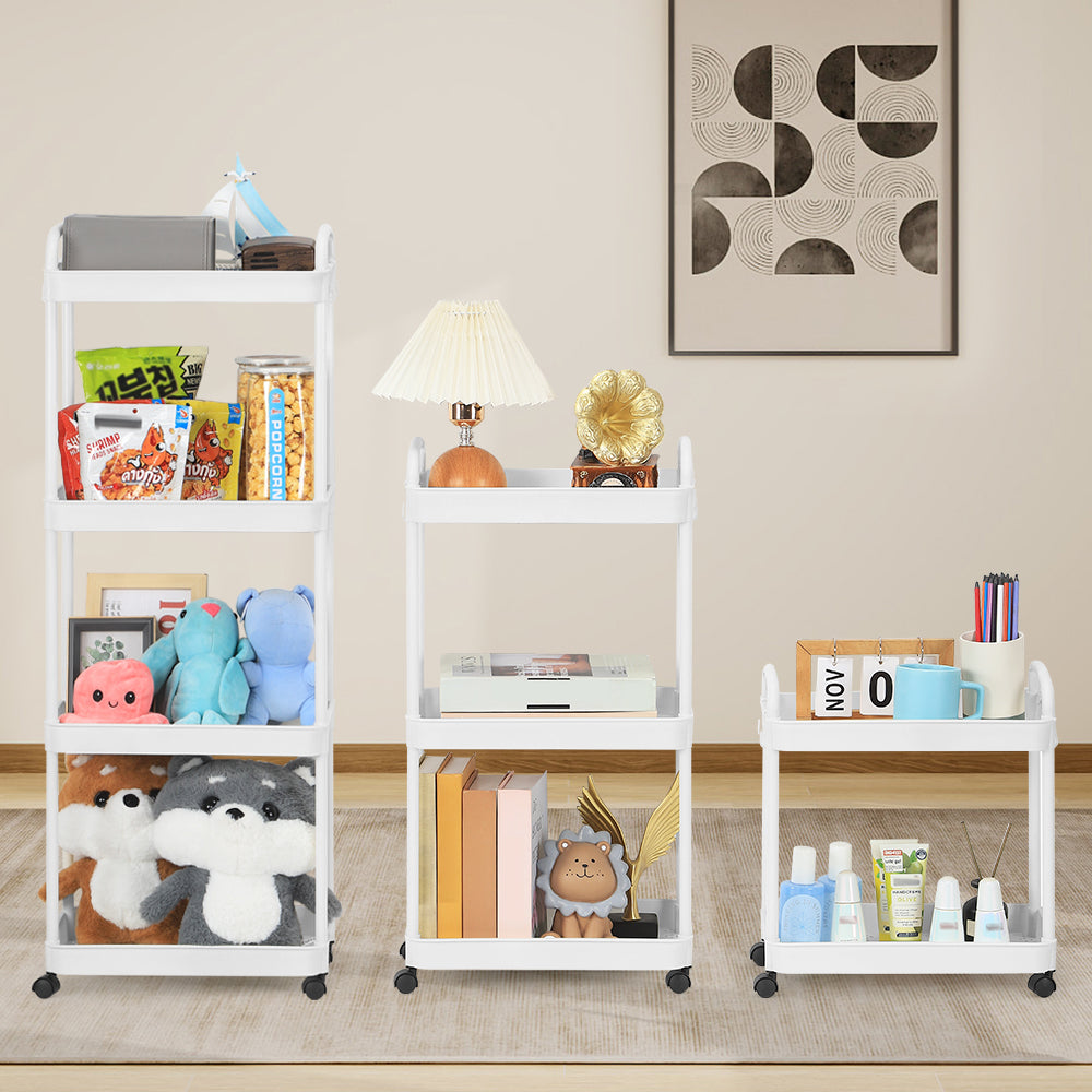 4-Tier Plastic Rolling Utility Cart with Handle, Hooks, Multi-Functional Storage Trolley for Office, Living Room, Kitchen, Movable Storage Organizer with Wheels