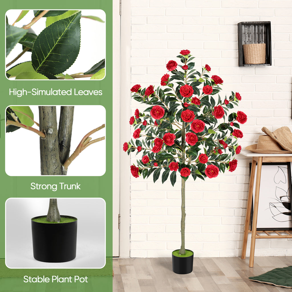 6ft Artificial Camellia Tree, Large Red Faux Blooming Tree in Pot, Tall Silk Floral Plant for Indoor Home Office & Front Door Decor