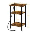 3-Tier Slim Side Table with Charging Station & USB Ports, Industrial End Table with Storage Shelves for Bedroom & Living Room, Rustic Brown,