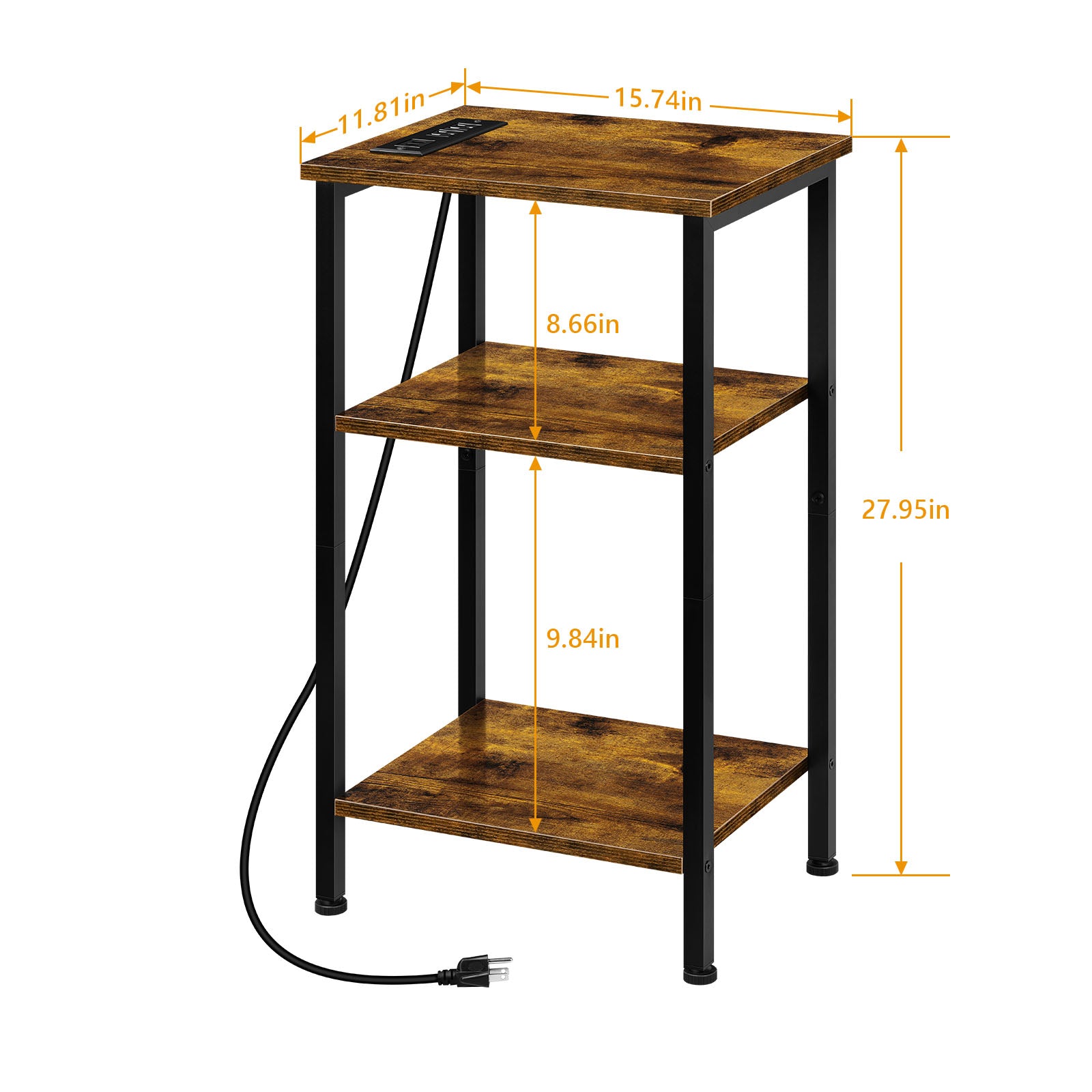 3-Tier Slim Side Table with Charging Station & USB Ports, Industrial End Table with Storage Shelves for Bedroom & Living Room, Rustic Brown,
