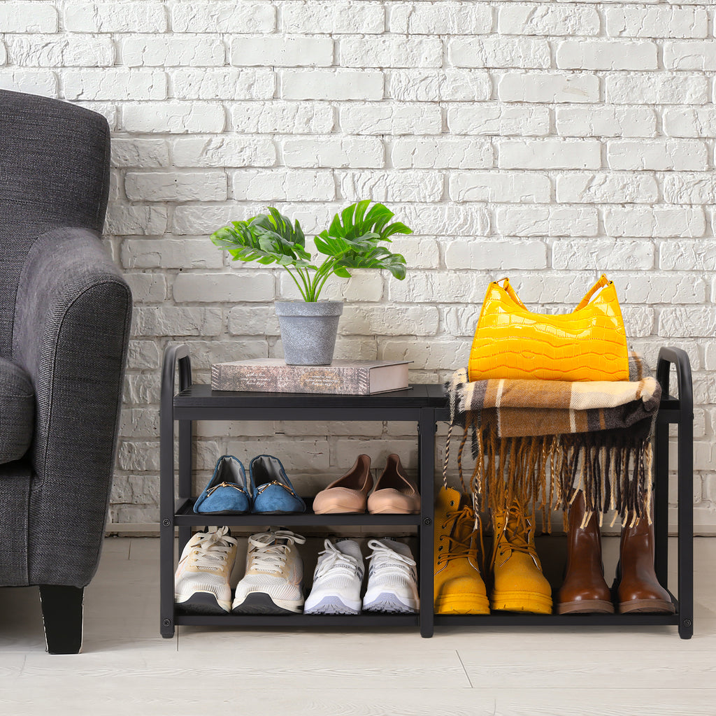 Industrial Shoe Rack Bench with Mesh Shelves - Entryway Storage Bench for Hallway & Mudroom, Black