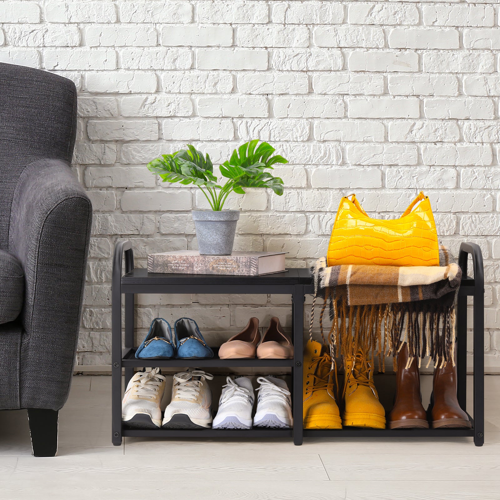Industrial Shoe Rack Bench with Mesh Shelves - Entryway Storage Bench for Hallway & Mudroom, Black