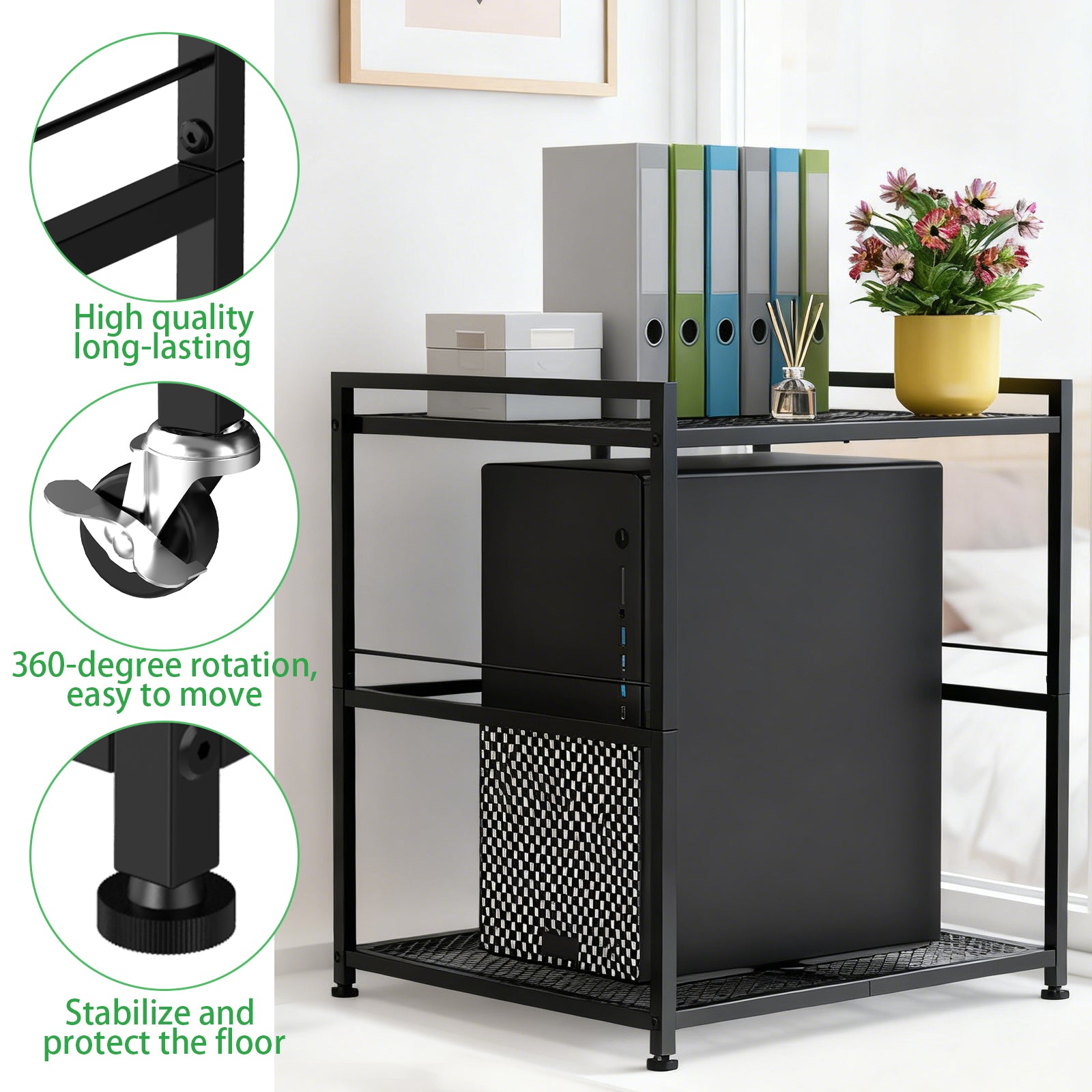 Command Center PC Tower Stand | 2-Tier Under-Desk Rolling Cart & Mobile Printer Station