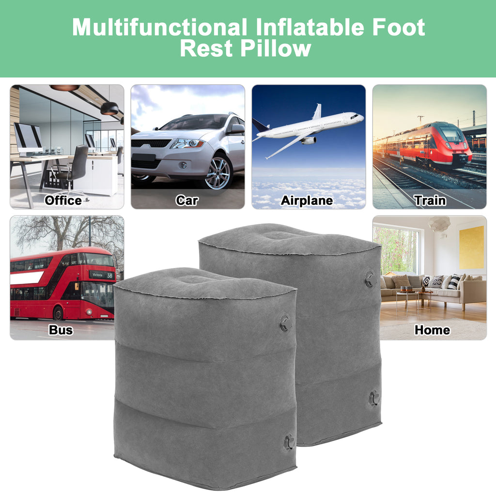 2 Pack Adjustable Inflatable Foot Rest Pillow, 3 Levels Height Travel Air Foot Stool with Hand Pump, Portable Leg Rest Cushion for Airplane, Car, Train, Office, Home, Grey