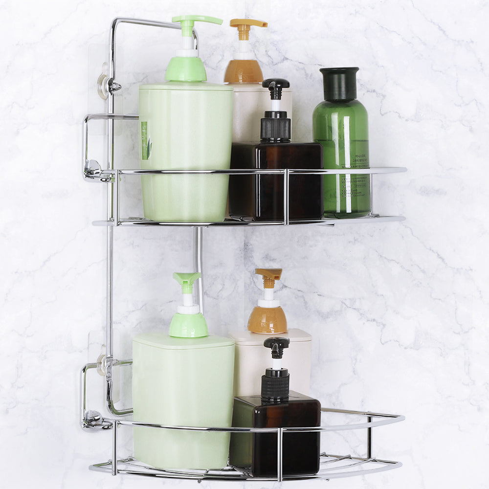 2-Tier Adhesive Stainless Steel Wall-Mounted Shower Organizer for Bathroom and Kitchen Storage