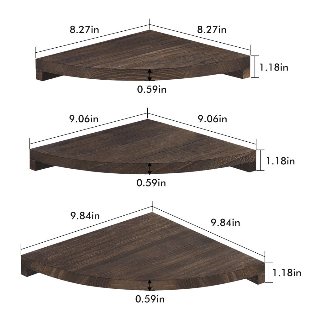Set of 4 Rustic Dark Brown Wood Corner Floating Shelves, Wall-Mounted Storage and Display Units for Living Room, Bedroom, and Kitchen.
