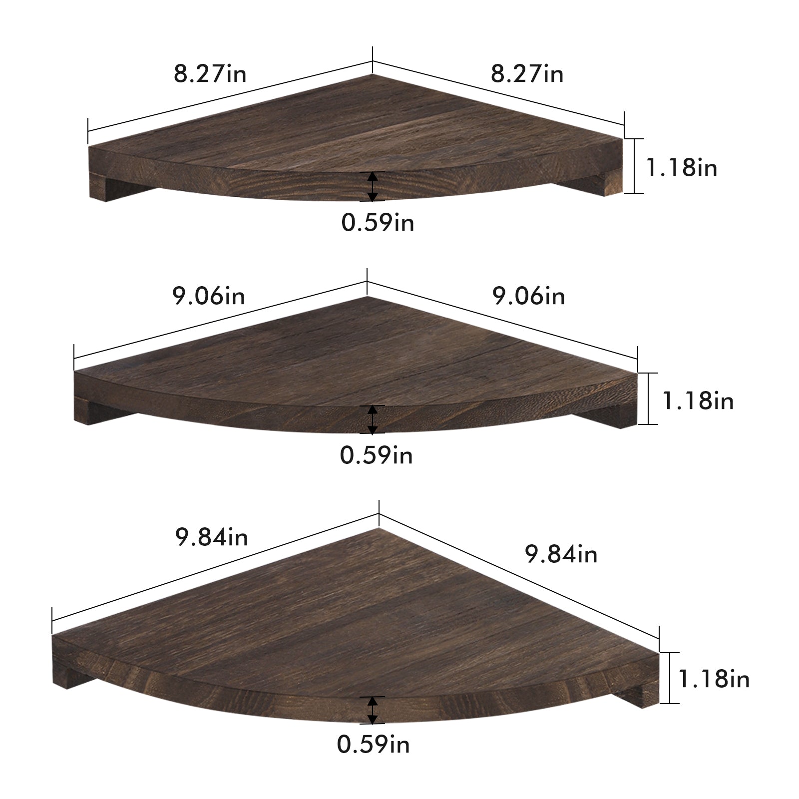 Set of 4 Rustic Dark Brown Wood Corner Floating Shelves, Wall-Mounted Storage and Display Units for Living Room, Bedroom, and Kitchen.