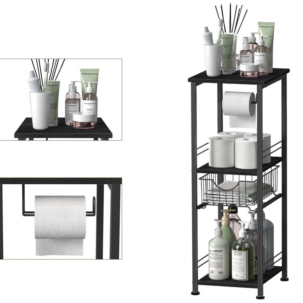 Slim Bathroom Storage Cabinet with Toilet Paper Holder - Narrow Multi-Purpose Floor Shelf for Small Spaces, Laundry Room & Kitchen Pantry, Black