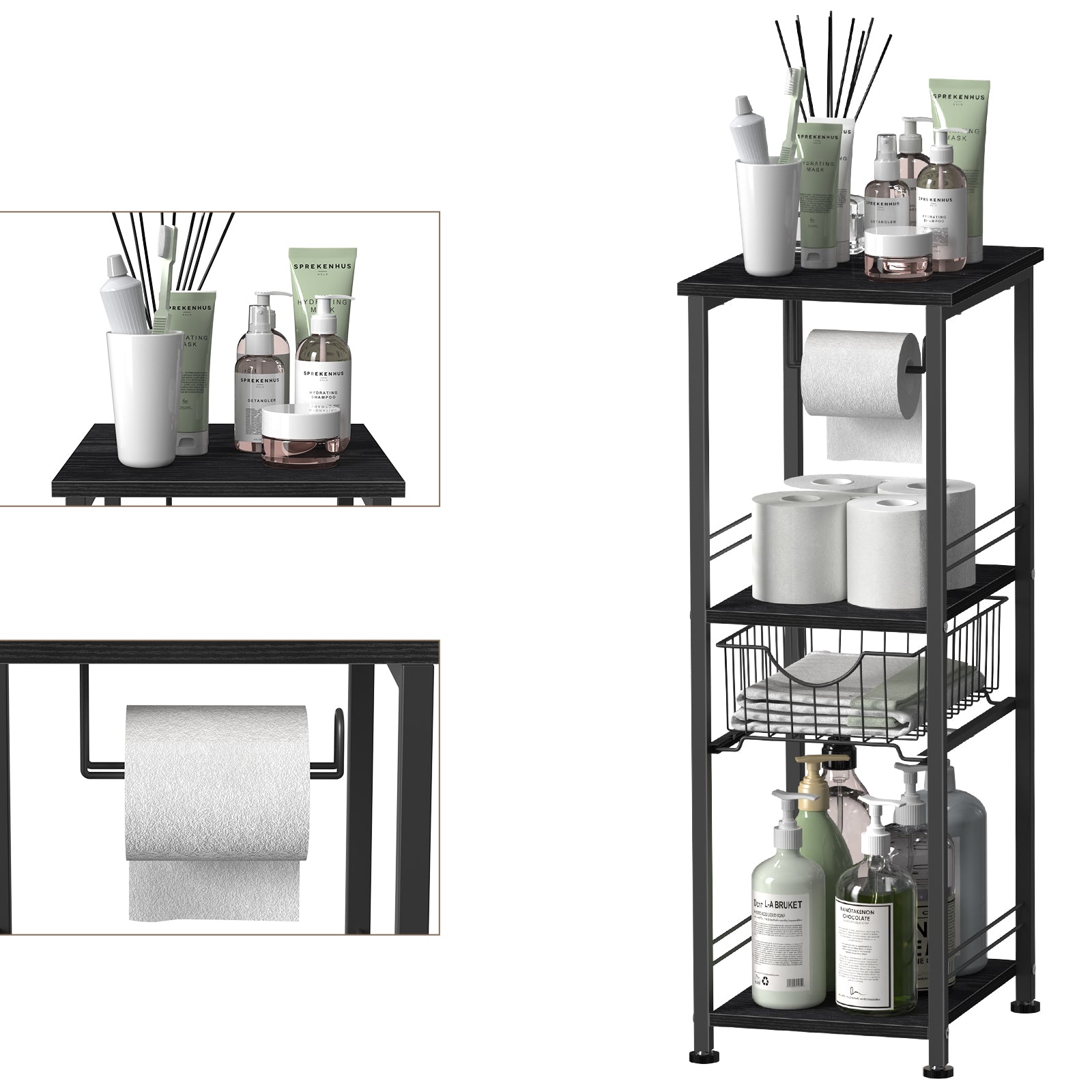 Slim Bathroom Storage Cabinet with Toilet Paper Holder - Narrow Multi-Purpose Floor Shelf for Small Spaces, Laundry Room & Kitchen Pantry, Black