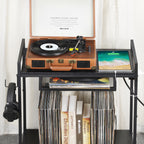 Record Player Stand, Turntable Stand with Charging Station, 3 Tier Record Player Table with 4 Quick-Release Divider, Vinyl Record Stand Storage with 4 Wheels, for Bedroom Living Room and Office, Gray