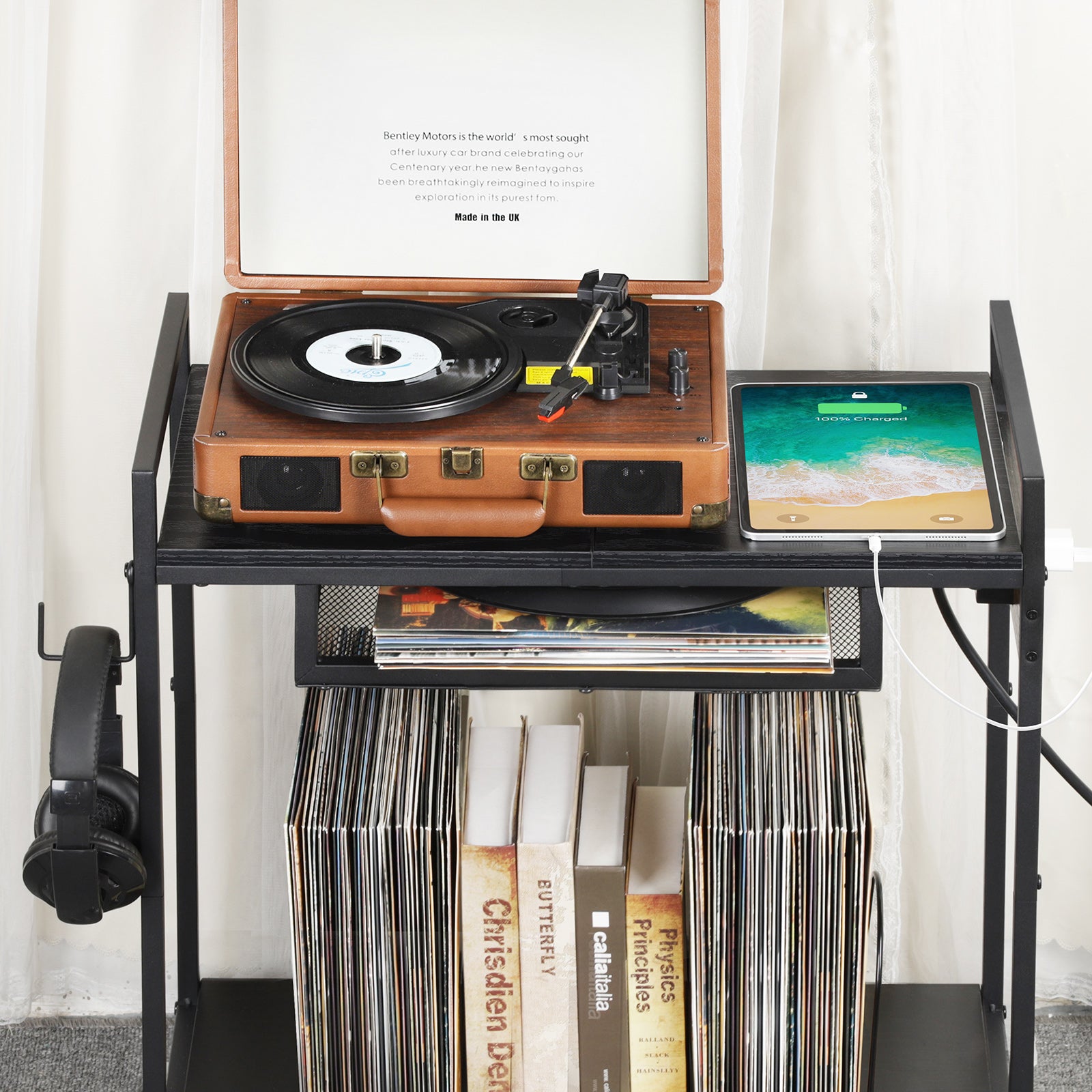 Record Player Stand, Turntable Stand with Charging Station, 3 Tier Record Player Table with 4 Quick-Release Divider, Vinyl Record Stand Storage with 4 Wheels, for Bedroom Living Room and Office, Gray