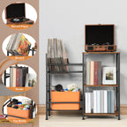 Multi-Purpose Vinyl Record & Toy Storage Organizer - Industrial Stand with Mesh Basket and Wood Shelves