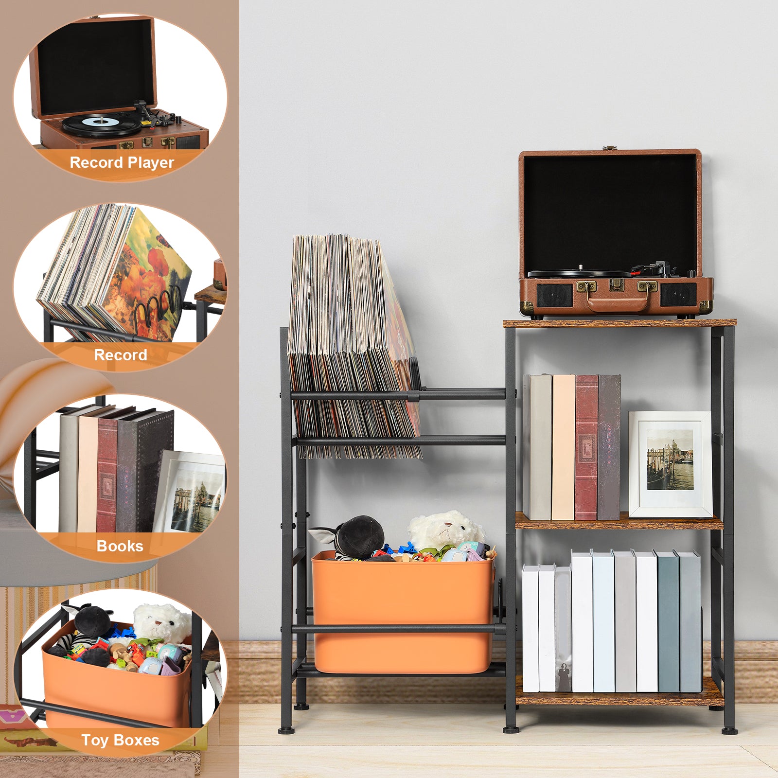Multi-Purpose Vinyl Record & Toy Storage Organizer - Industrial Stand with Mesh Basket and Wood Shelves