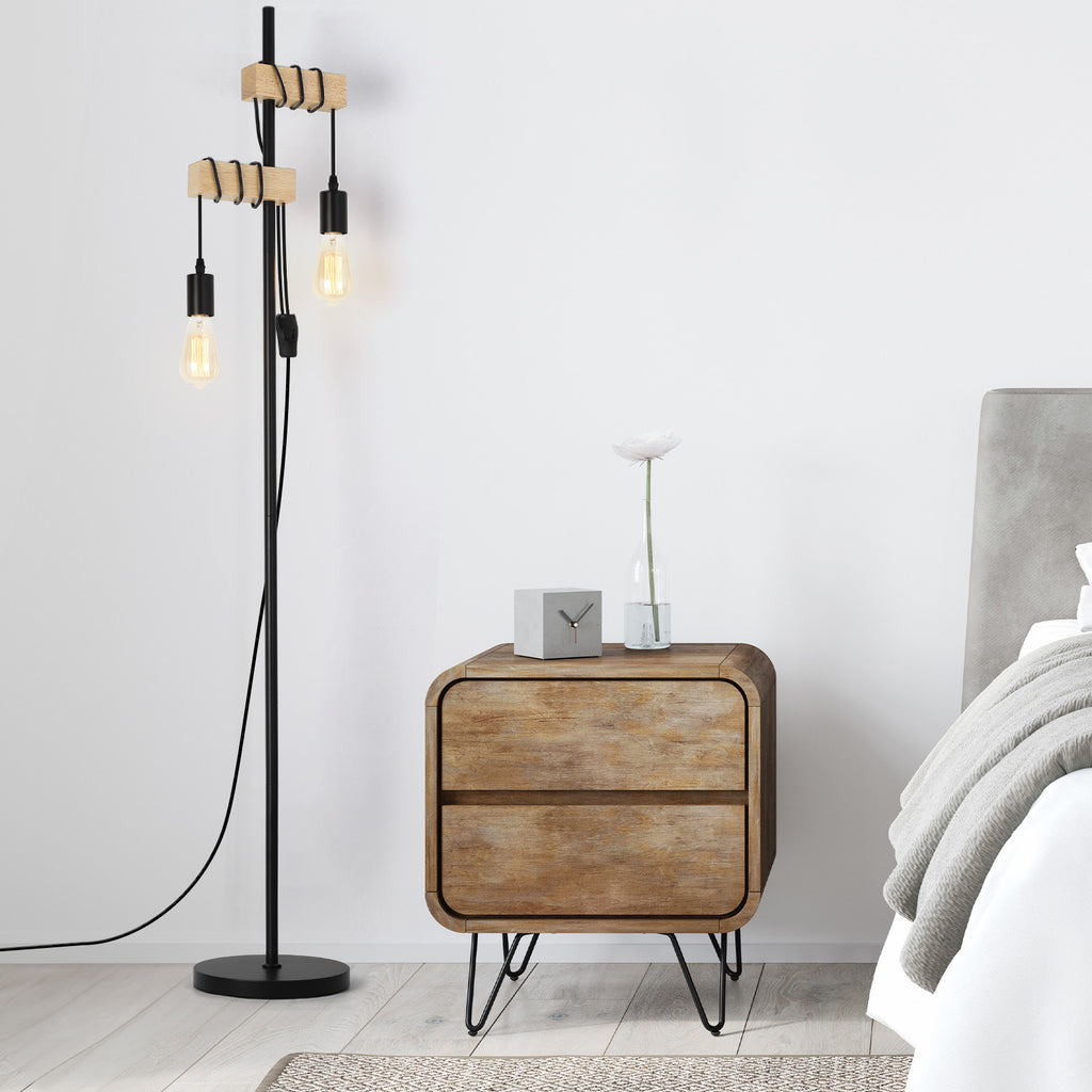66 Inch Rustic Wood Floor Lamp - Industrial Farmhouse Standing Edison Light for Living Room, Bedroom, and Home Office Reading