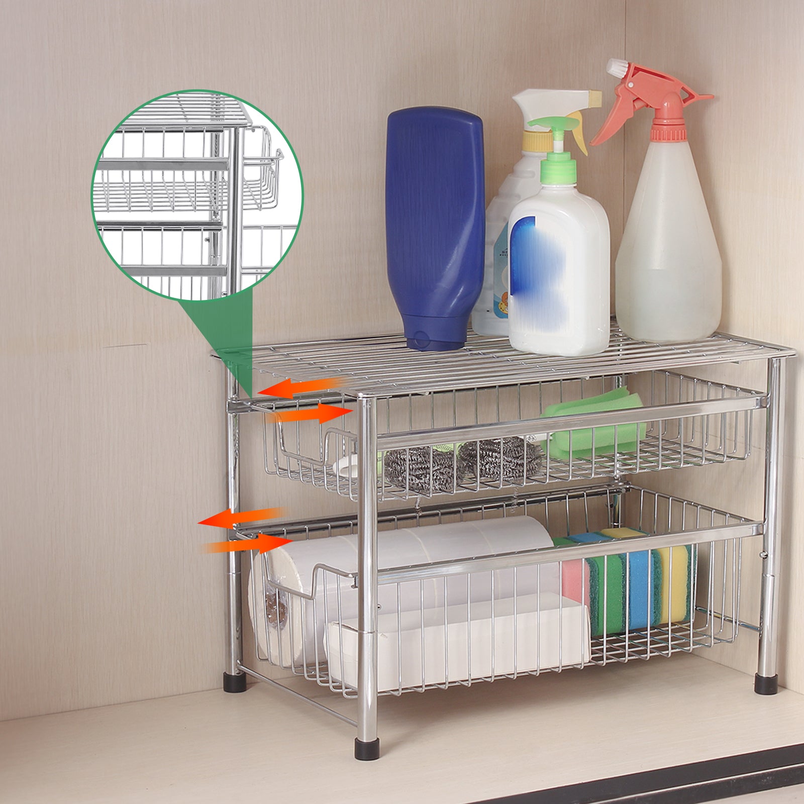 2-Tier Sliding Basket Organizer, Pull-Out Under Sink Storage Drawers for Kitchen & Bathroom