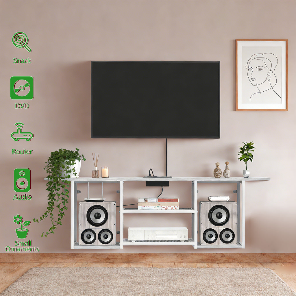 3-Tier Floating TV Stand with Charging Station - Wooden Wall Console for 32-55" TVs, White