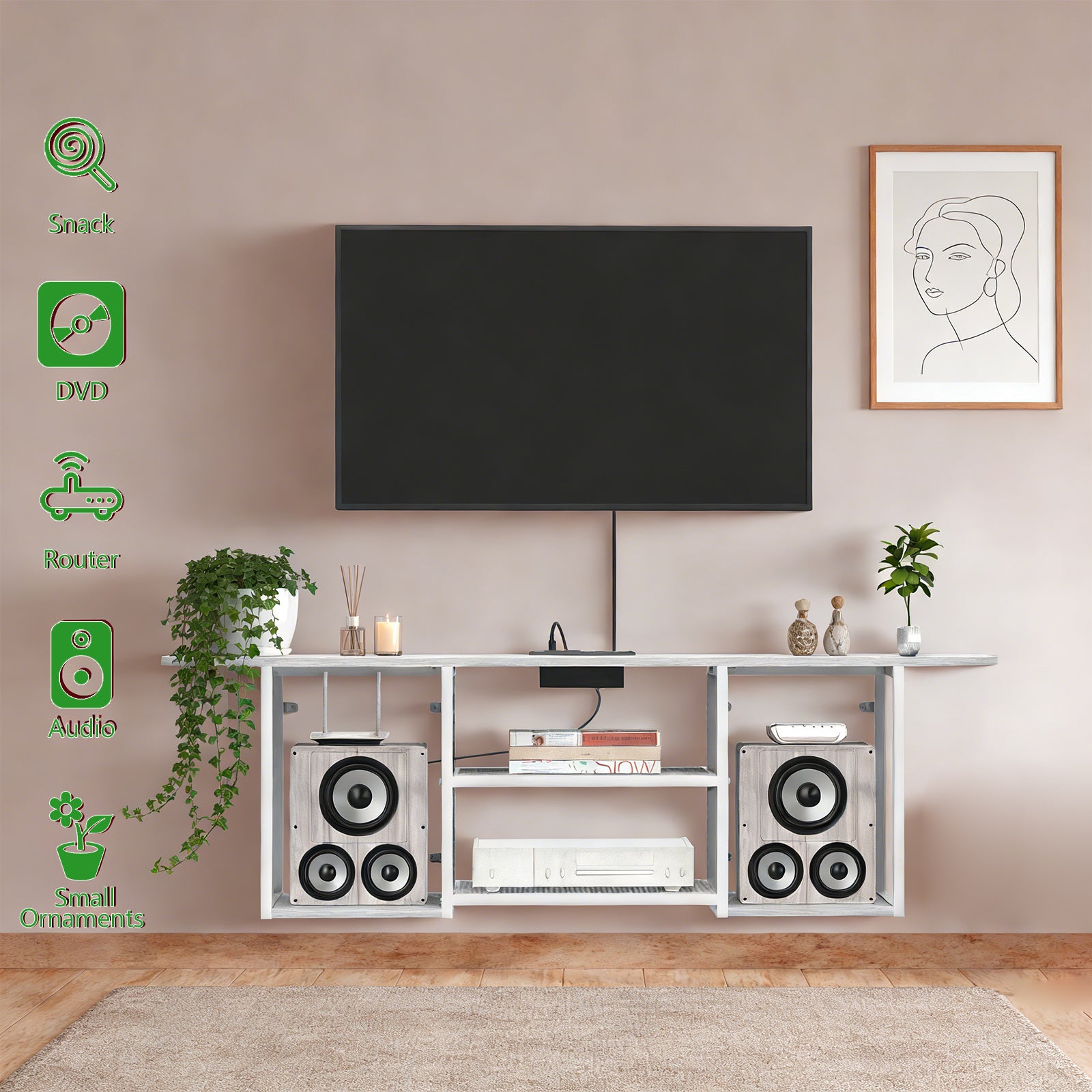 3-Tier Floating TV Stand with Charging Station - Wooden Wall Console for 32-55" TVs, White