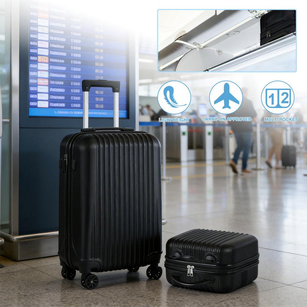 2-Piece ABS Hardside Luggage Set - 20 Inch Carry On Suitcase + 14 Inch Cosmetic Case with Spinner Wheels & Lock, Black
