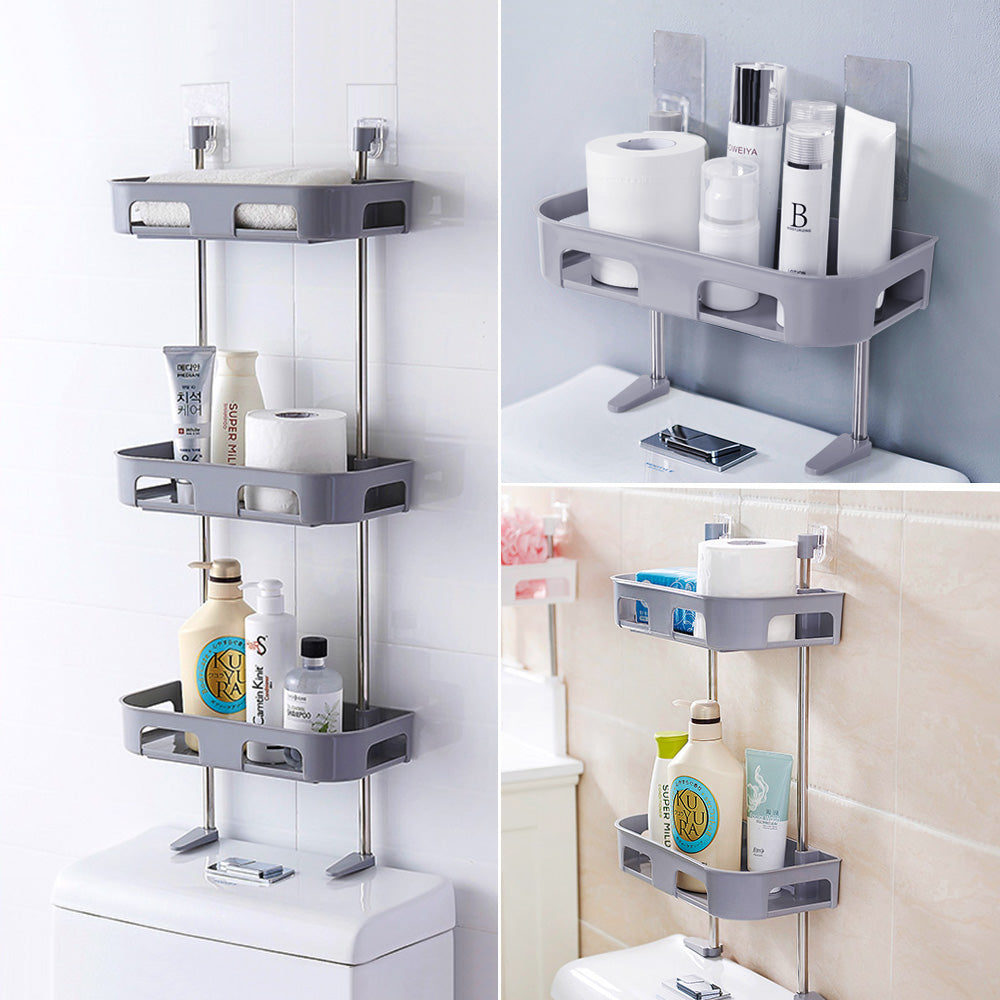 3-Level Space-Saving Wall Shelves, Drill-Free Over-Toilet Organizer for Bathroom and Laundry, Customizable Triple-Tier Floating Storage Rack