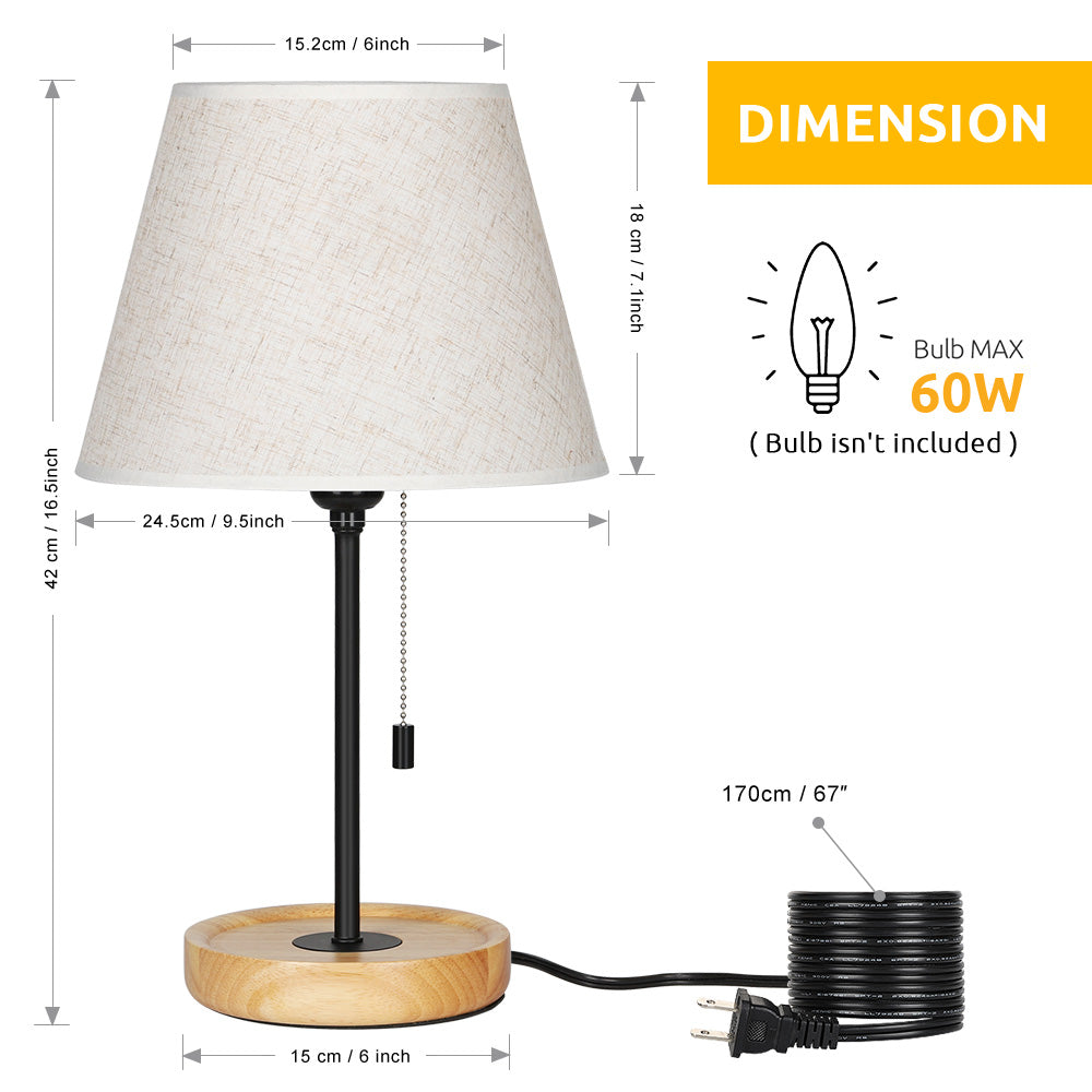 Vintage Style Table Lamps with Wood Base (Set of 2)， Modern Nightstand Lamps with Linen Shade.