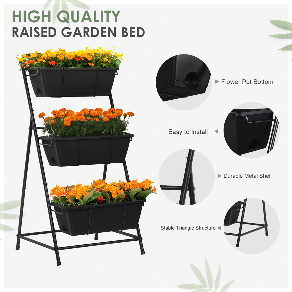 3-Tier Black Vertical Garden Planter - Elevated Raised Bed with Drainage System and Removable Trays