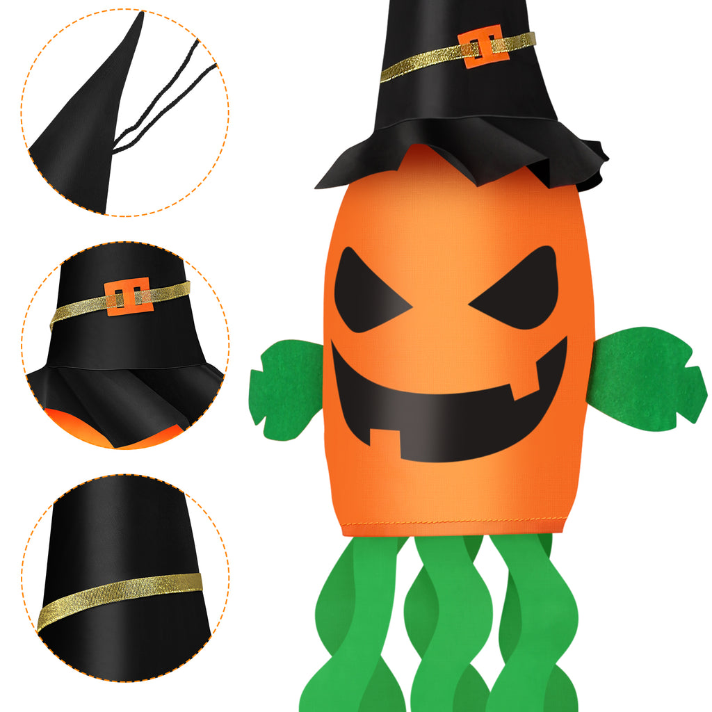 2 Pack Halloween Pumpkin Windsock Decorations, Light Up Hanging Jack-O-Lantern with Witch Hat, 53 Inch Glowing Outdoor Flag for Yard, Porch, Tree, Party Decor