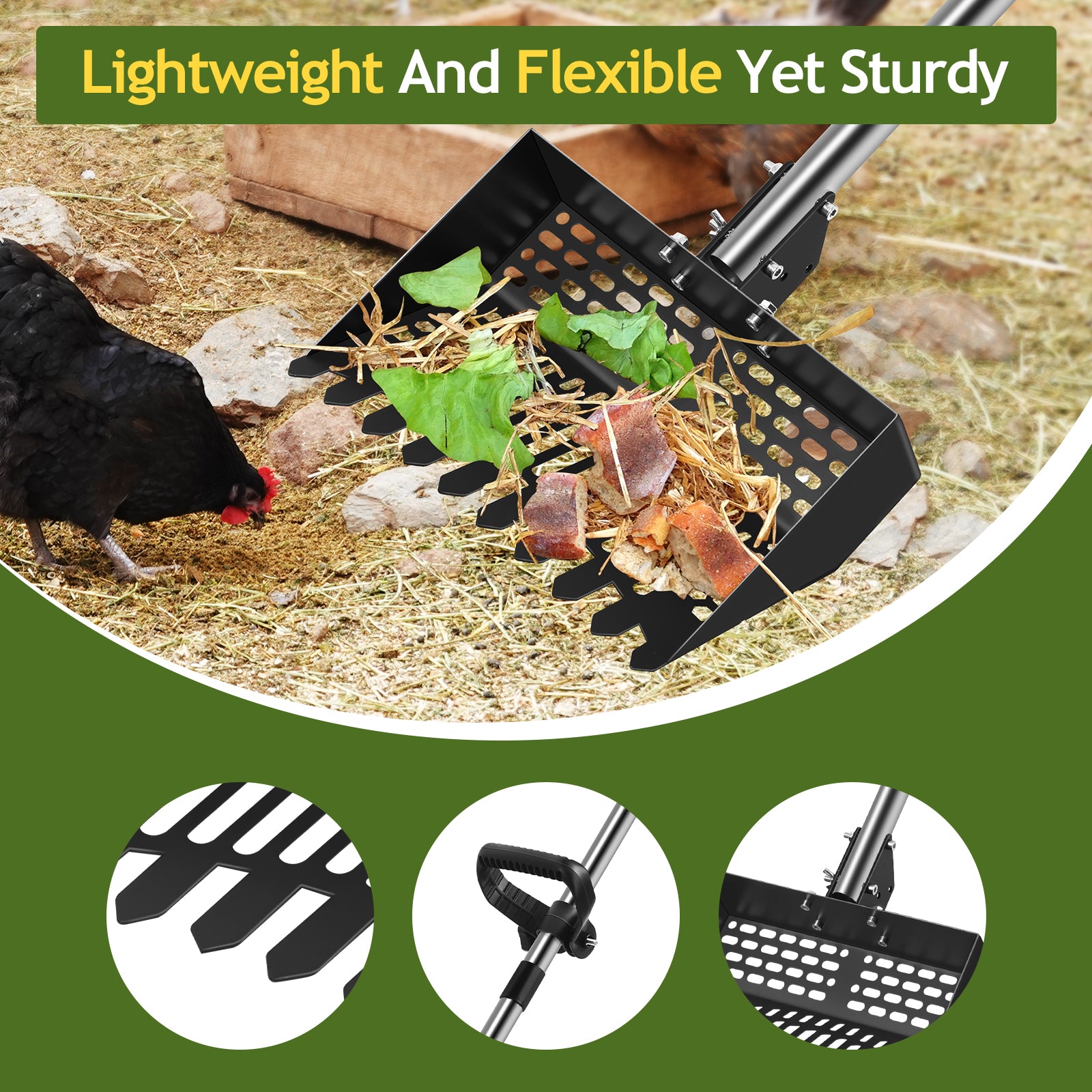 Multi-Purpose Waste Sifter and Rake Tool - Adjustable Stainless Steel Poop Shovel for Poultry Coops, Cat Litter, and Stable Maintenance - Long Handle Cleaning Solution, Black