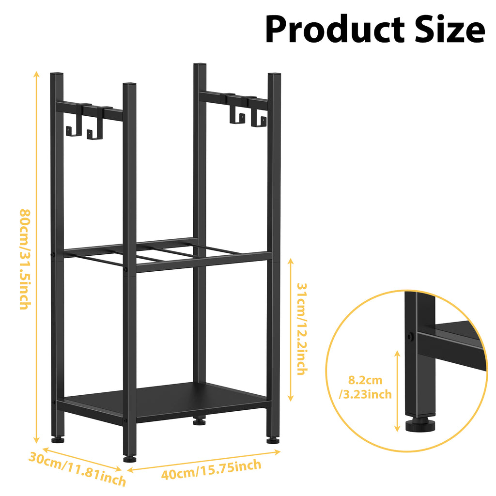 Heavy Duty Fireplace Log Rack (31.5" H) - 2-Tier Wrought Iron Firewood Holder with 4 Tool Hooks, Black