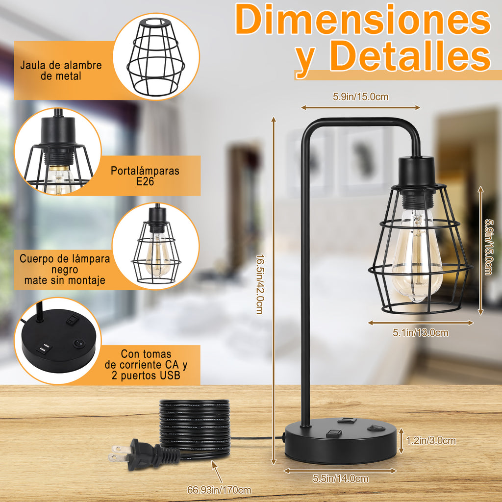 Set of 2 Industrial USB Table Lamps - Metal Cage Bedside Lamps with Dual USB Ports & AC Outlet