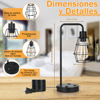 Set of 2 Industrial USB Table Lamps - Metal Cage Bedside Lamps with Dual USB Ports & AC Outlet