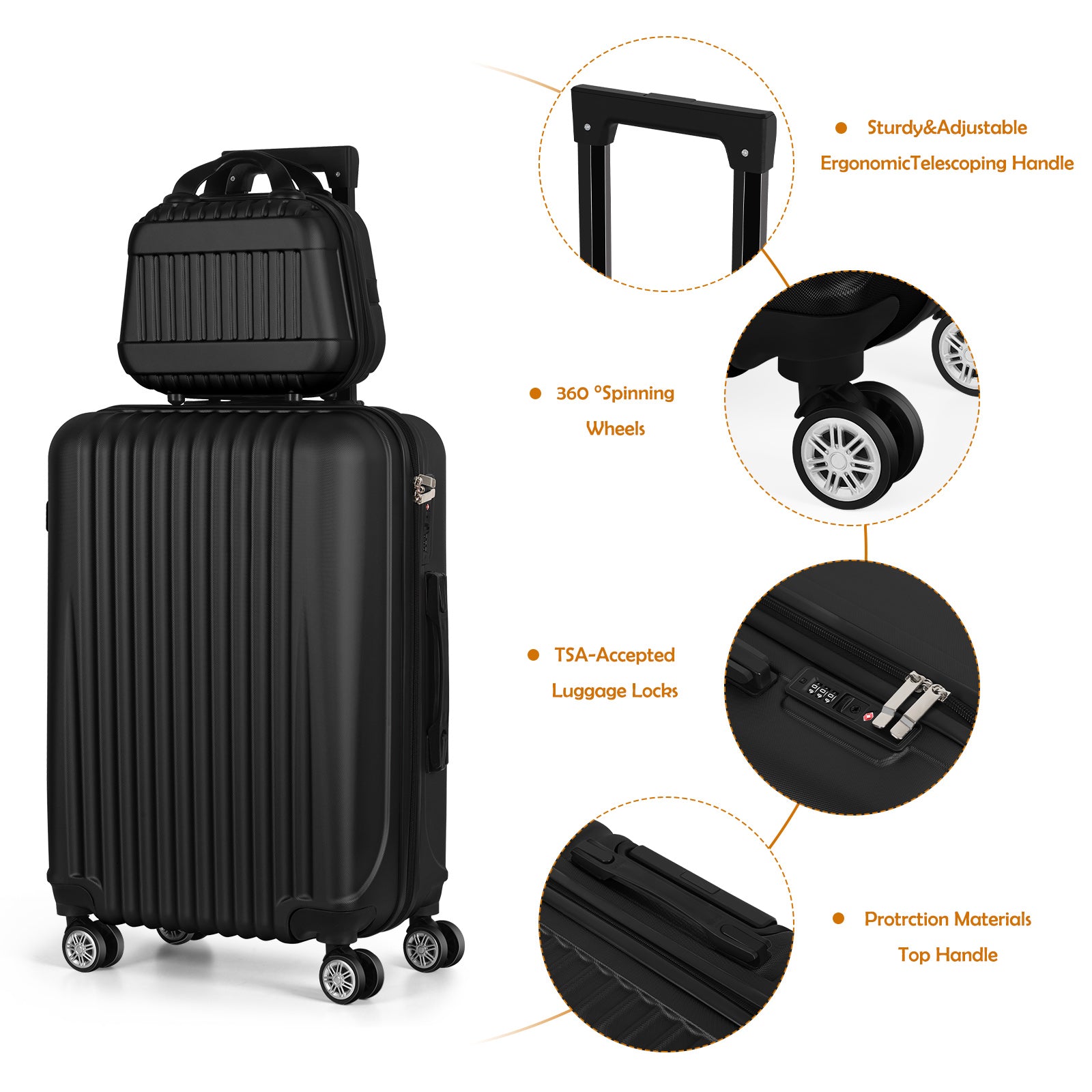 5-Piece Luggage Set, Durable Hardshell, Spinner Wheels, Telescoping Handle, Lightweight Suitcase Combo For Women, 12/14/20/24/28inch Suitcase, Black/Brown/Silver/Rose Gold